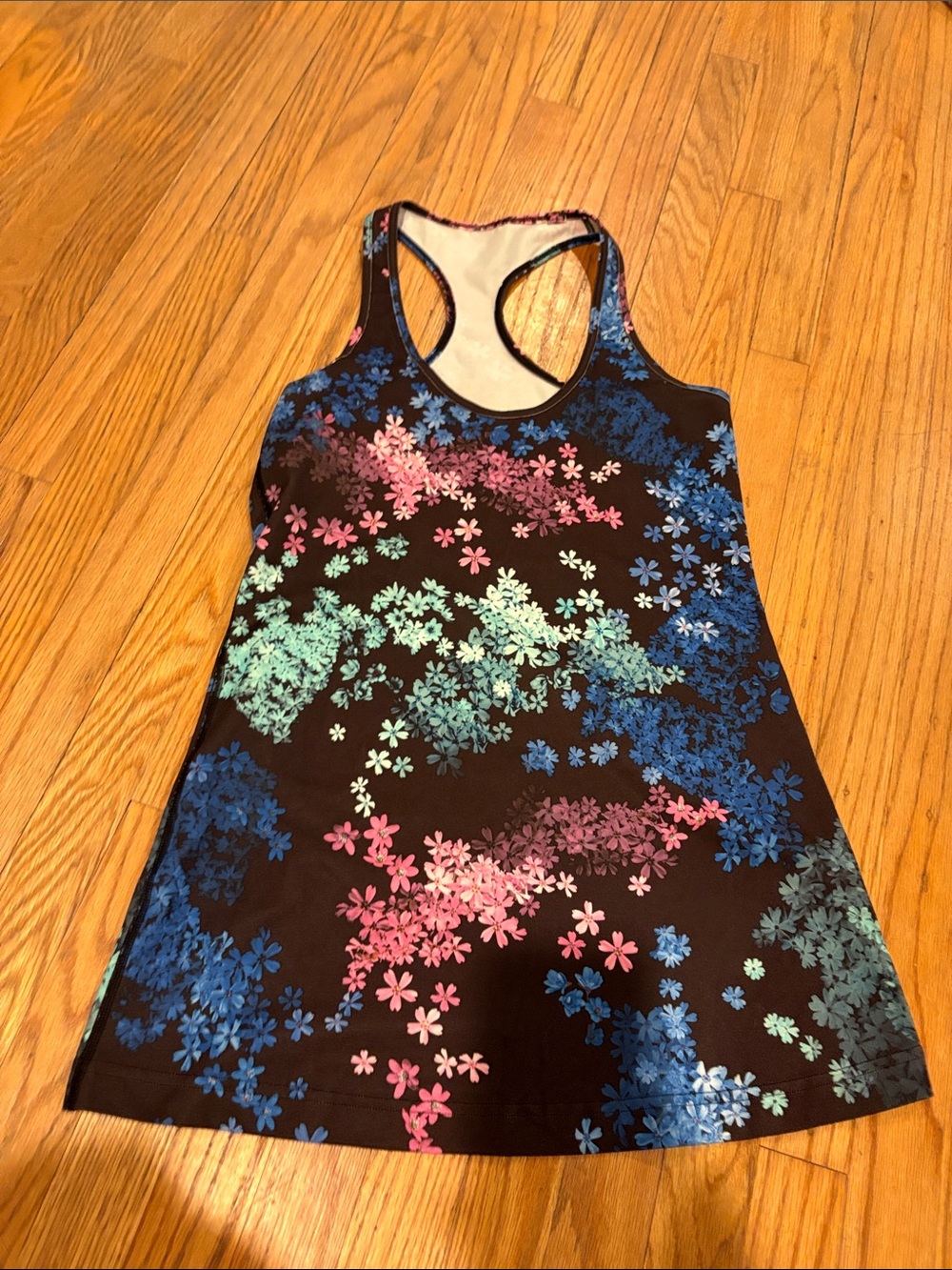lululemon athletica Black Floral Racerback Tank with Blue, Pink, Mint Accents